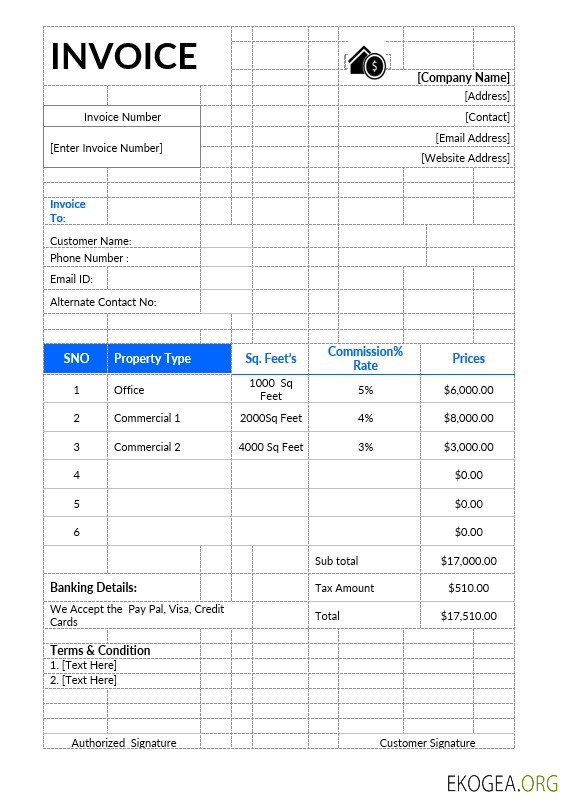 Modèle de facture immobilière commerciale